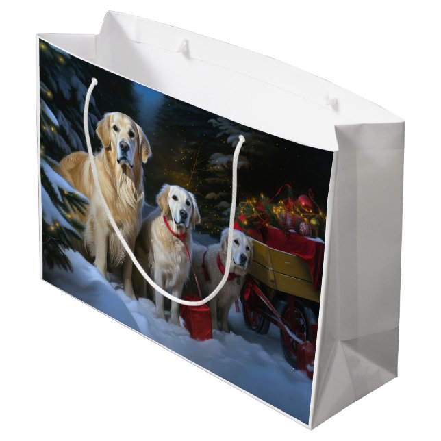 Sacola Para Presentes Grande Ouro Retriever Snowy Sleigh Decência de Natal (Verso inclinado)