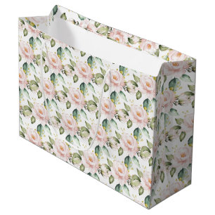 Sacola Para Presentes Grande Ouro-verde-rosas-rosadas-borrão-Elegante