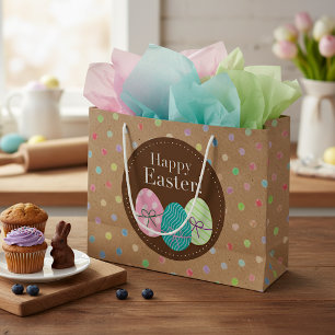 Sacola Para Presentes Grande Ovos Felizes de Páscoa com Bolinhas em Papel Kraft