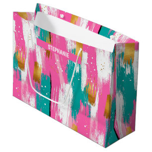 Sacola Para Presentes Grande Padrão Abstrato de Pincelada Rosa Verde Água Doura
