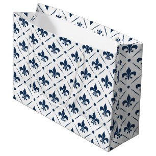 Sacola Para Presentes Grande Padrão azul escuro Fleur De Lis sobre fundo branco