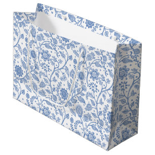 Sacola Para Presentes Grande Padrão Botânico Boho Floral Branco Azul Caprichoso