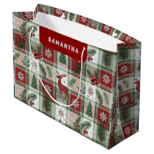 Sacola Para Presentes Grande Padrão Clássico de Natal Xadrez e Folhas de Azevin