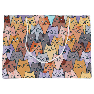 Sacola Para Presentes Grande Padrão Colorido de Multidão de Gatos Fofo Rosto de