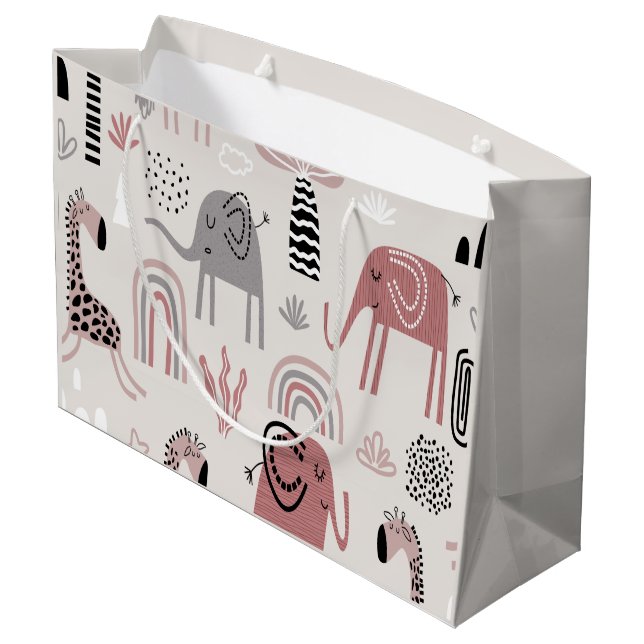 Sacola Para Presentes Grande padrão com elefantes fofos e girafas gigantes (Verso inclinado)