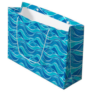 Sacola Para Presentes Grande Padrão com ondas azuis com padrão tribal branco