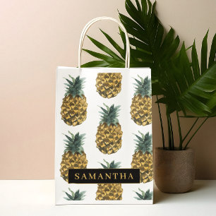 Sacola Para Presentes Grande Padrão De Abacaxi De Aquarela Tropical Com Nome