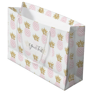 Sacola Para Presentes Grande Padrão de abacaxi tropical dourado eslegante