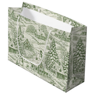Sacola Para Presentes Grande Padrão de Aldeia de Natal Vintage Verde Toile (3)