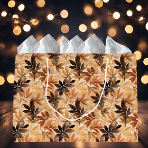 Sacola Para Presentes Grande Padrão de Aquarela de Folhas de Outono Marrom e Be