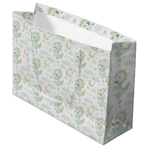 Sacola Para Presentes Grande Padrão de Aquarela do Bebê do Dragão Verde