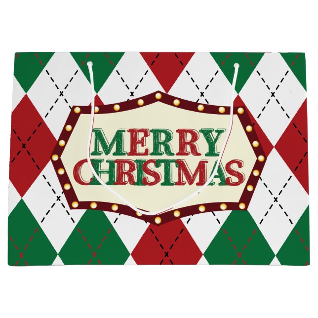 Sacola Para Presentes Grande Padrão de Argyle de Natal (Frente)