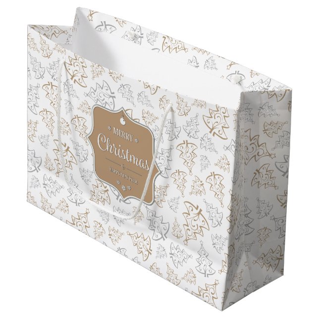 Sacola Para Presentes Grande Padrão de Árvores de Natal Elegantes Castanho e Pr (Frente inclinada)