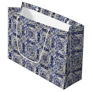 Sacola Para Presentes Grande Padrão de Azulejo Branco Geométrico Azul Vintage