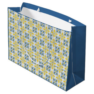 Sacola Para Presentes Grande Padrão de azulejos bonito portugueses azuis e amar