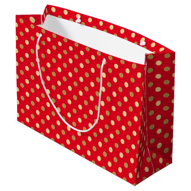 Sacola Para Presentes Grande Padrão de Bolinhas Vermelhas e Douradas (Verso inclinado)