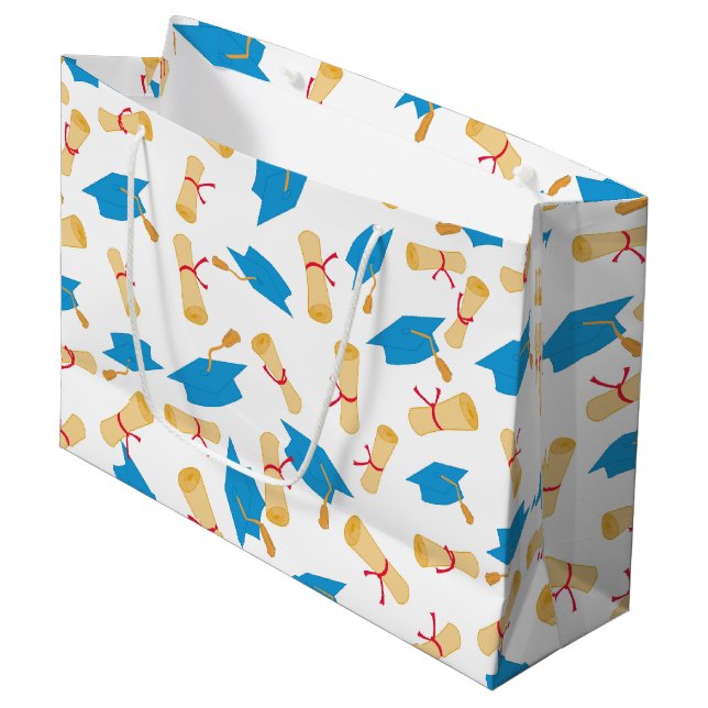 Sacola Para Presentes Grande Padrão de Boné e Diploma de Formando Azul (Frente inclinada)