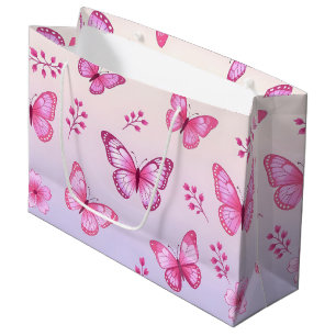 Sacola Para Presentes Grande Padrão de borboletas e flores cor-de-rosa