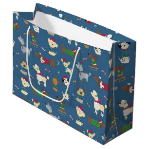 Sacola Para Presentes Grande Padrão de Cachorro Feriado de Natal em Azul