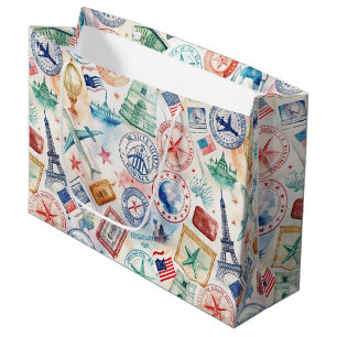 Sacola Para Presentes Grande Padrão de Carimbo de Viagem pelo Mundo Vintage (3)