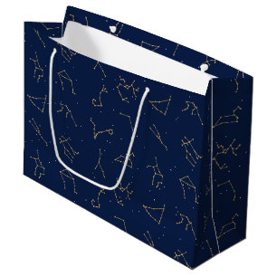 Sacola Para Presentes Grande Padrão de Constelações Zodiac Azul Dourado e Marin