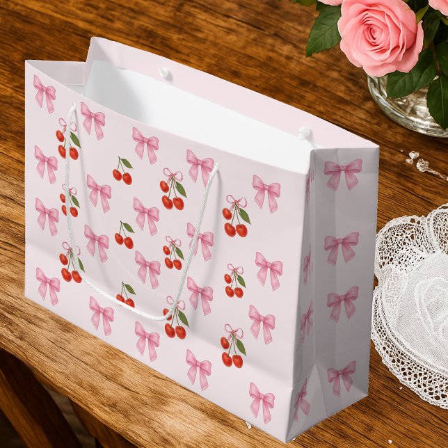 Sacola Para Presentes Grande Padrão de coquete do Arco de Cherry de Cana Cúbica (Cute Watercolor Cherry Bow Coquette Pattern Large Gift Bag)