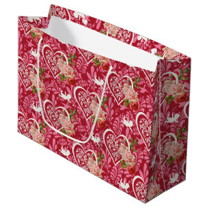 Sacola Para Presentes Grande Padrão de Coração Floral do Dia de os namorados Vi