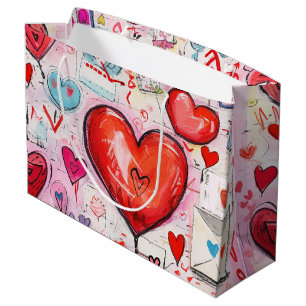Sacola Para Presentes Grande Padrão de Corações Cômicos e Letras de Amor