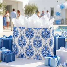 Padrão de Damasco Mediterrâneo Azul Branco Elegant