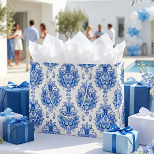 Sacola Para Presentes Grande Padrão de Damasco Mediterrâneo Azul Branco Elegant