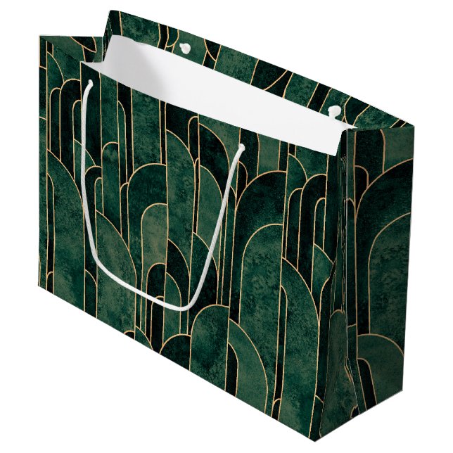 Sacola Para Presentes Grande Padrão de Deco de Arte Dourada e Verde Luxuoso (Frente inclinada)