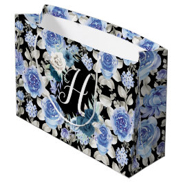 Sacola Para Presentes Grande Padrão de design floral de vintage azul exclusivo