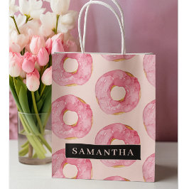 Sacola Para Presentes Grande Padrão de Donuts de Aquarela Rosa Moderno Com Nome