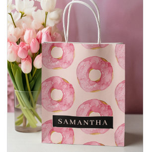 Sacola Para Presentes Grande Padrão de Donuts de Aquarela Rosa Moderno Com Nome