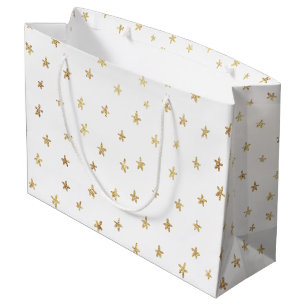 Sacola Para Presentes Grande Padrão de Estrelas Douradas Branco