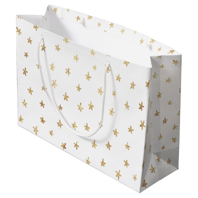 Sacola Para Presentes Grande Padrão de Estrelas Douradas Branco (Verso inclinado)