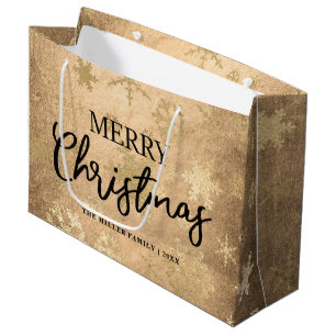 Sacola Para Presentes Grande Padrão de Floco de Neve de Natal Dourado Elegante