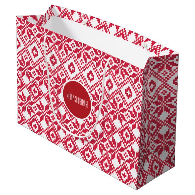 Sacola Para Presentes Grande Padrão de Floco de Neve Nórdico Natal Nome Persona (Verso inclinado)