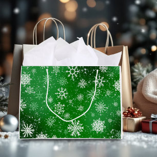 Sacola Para Presentes Grande Padrão de Flocos de Neve Verdes Festa de Inverno F