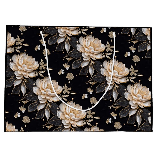 Sacola Para Presentes Grande Padrão de flor de peônia preta pérola luxuoso eleg (Verso)