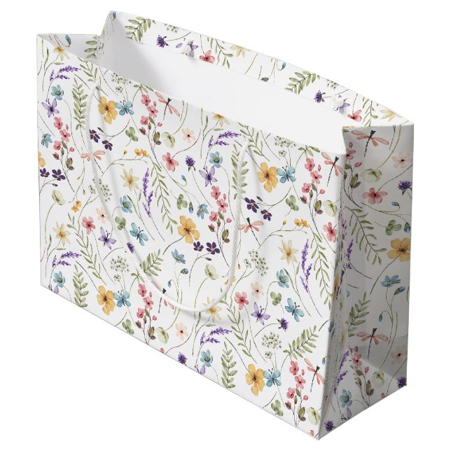 Sacola Para Presentes Grande Padrão De Flor Selvagem E Borboletas (Verso inclinado)