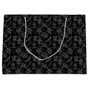 Sacola Para Presentes Grande Padrão de flor simples 01b Preto BG