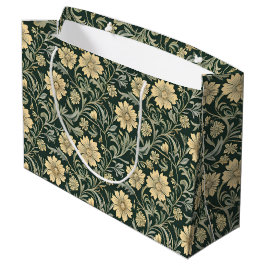 Sacola Para Presentes Grande Padrão de flores amarelas estilizadas em verde esc