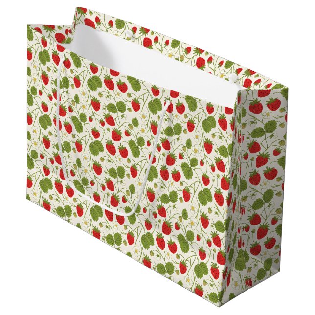 Sacola Para Presentes Grande Padrão de Flores e Frutas de Morango (Frente inclinada)