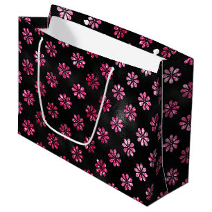 Sacola Para Presentes Grande Padrão de Flores Pretas e Brilho Rosa Quente Elega