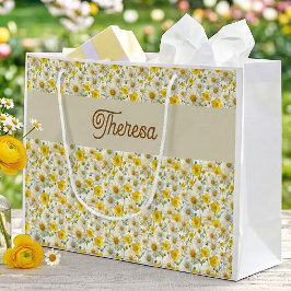 Sacola Para Presentes Grande Padrão de Flores Silvestres Amarelas Monograma Nom