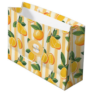 Sacola Para Presentes Grande Padrão de Fruta de Citros Vibrante com Folhas Verd