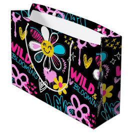 Sacola Para Presentes Grande Padrão de Grafite de Flor Sorridente da Moda