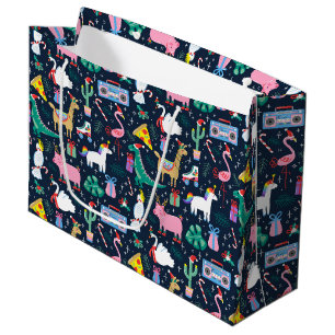 Sacola Para Presentes Grande Padrão de Ícones e Animais de Feriado Quirky
