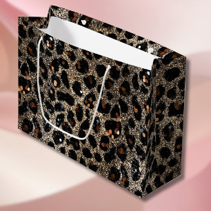 Sacola Para Presentes Grande Padrão de Leopardo Dourado Preto Marrom Brilho Lux